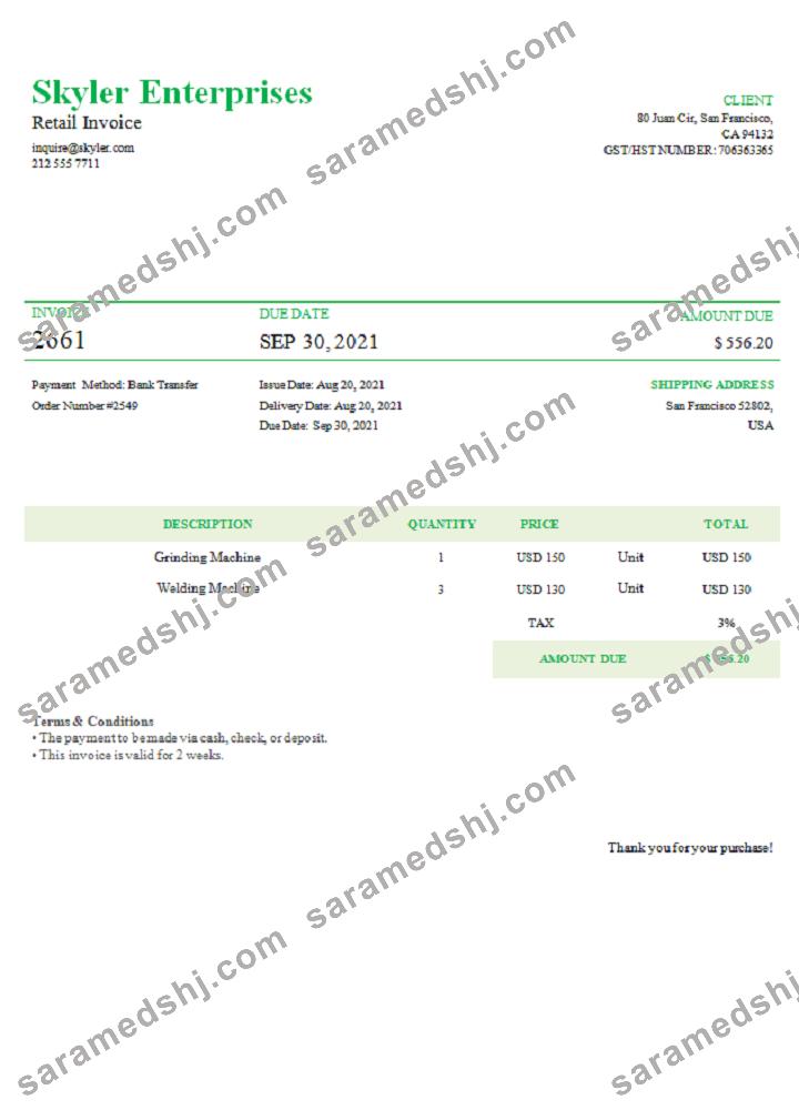 USA Skyler Enterprises invoice
